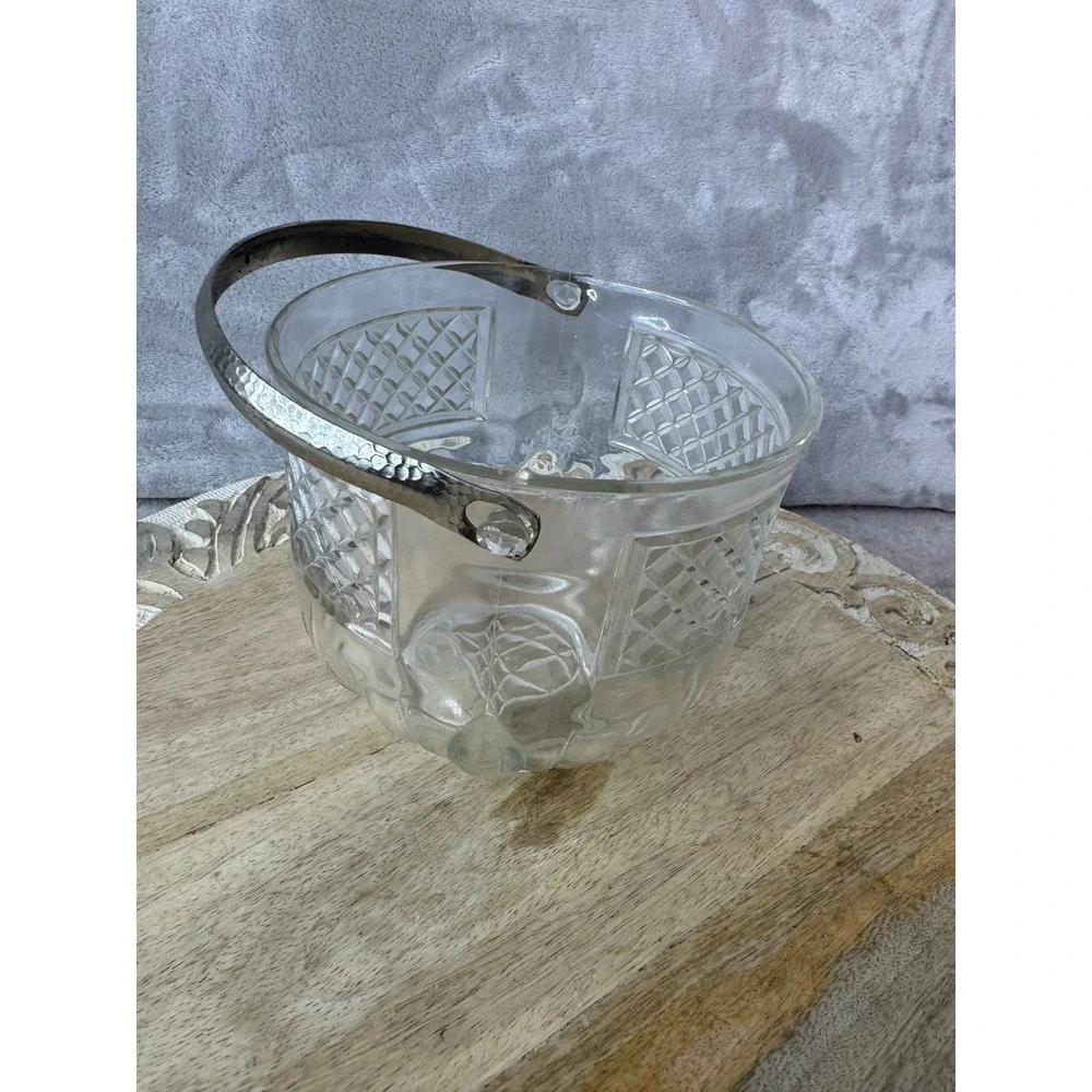Vintage Glass Ice Bucket Diamond Cut Pattern Hammered Metal Handle Clear Barware
